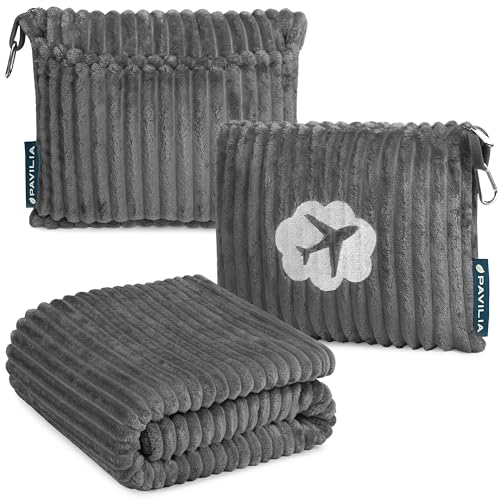 PAVILIA Travel Blanket Pillow, Soft Ribbed Fleece Airplane Blanket, Gray - color: Grey