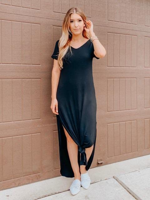 GRECERELLE Women's Summer Maxi Dress Casual Loose V Neck Short Sleeve Side Split Long Dresses with Functional Pockets - color: Black, size: XX-Large