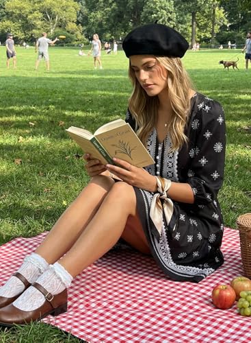BLENCOT Women's Casual V Neck Button Down Half Long Sleeve Boho Flowy Floral Printed Mini Dress Summer Dresses Maternity - color: Black, size: Large