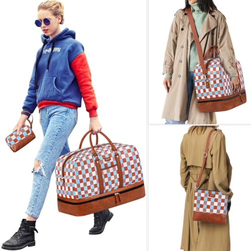 IBFUN Weekender Bags for Women, 3PCS Travel Set with Shoe Compartment 21.6 - color: A19-brown+checkered