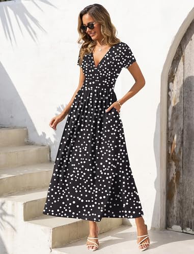 Gracyoga Women's Dresses 2026 Short Sleeve Wrap Maxi Dress with Pockets - color: Black Dot, size: X-Large