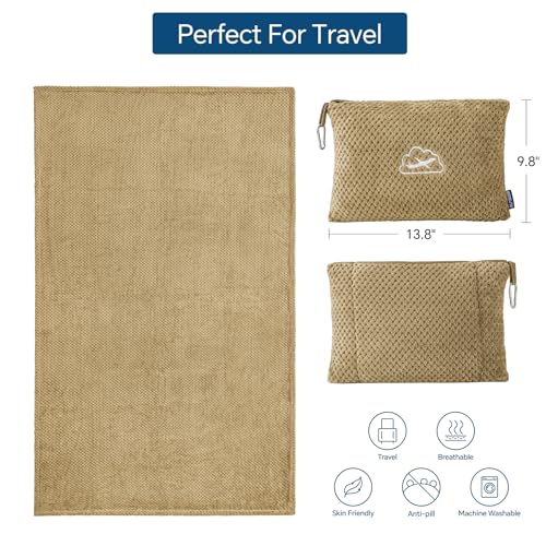 BEDELITE Travel Blanket with Bag, Jacquard Fleece Blanket 65"x40", Camel - color: Camel