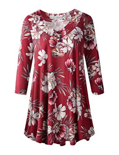 LARACE Plus Size Tunic Womens 3/4 Sleeve Tops V Neck Swing Loose Blouses - color: A-wine Red18, size: 5X