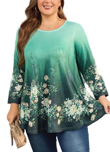 Plus Size Tops Womens Swing Tunic 3/4 Sleeve Flowy Long Blouses - color: Green Floral Tunics, size: Small