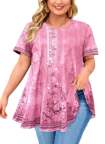 Womens Plus Size Tunic Tops Swing Summer Casual Flowy Blouses - color: Pink Floral Plus Size Tops, size: XX-Large