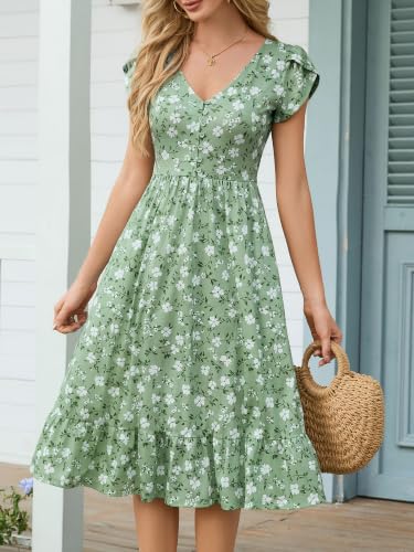 FENSACE Tulip Sleeve V Neck Button Down Dress with Pockets - color: Green White Floral-2, size: Medium