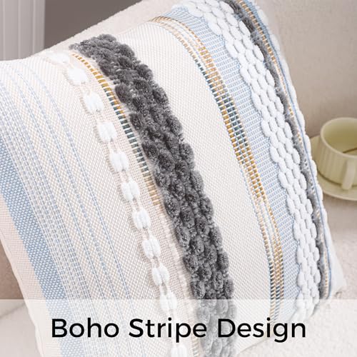 Boho Throw Pillow Covers 18x18 Set of 2 Grey Blue White - color: Grey Blue White Stripe, size: 18" x 18" (Pack of 2)