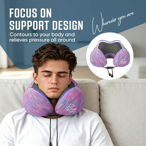 SkytraxComf® Travel Neck Pillow with Hood for Privacy on Long Flights - color: Colorful