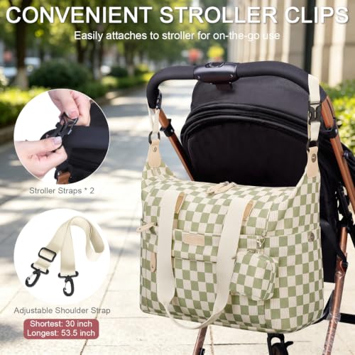 Pritent Diaper Bag Tote Waterproof Maternity Baby Bags with Pacifier Case - color: Checkered Green, size: Medium