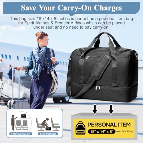 Travel Duffel Bag,Carry-On Overnight Weekender Bags with Shoes Compartment - color: Black, size: Small