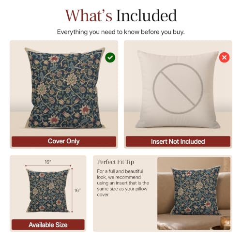 William Morris Fleur de Morris Black Tapestry Throw Pillow Cover 16 x 16 in - color: Red,cream,red