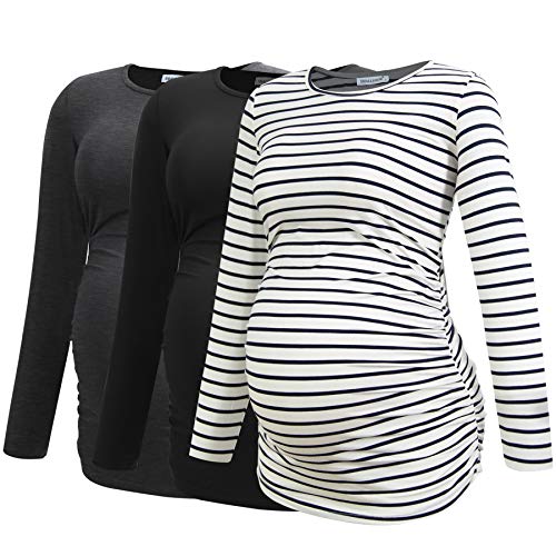 Smallshow Women's Maternity Shirts Long Sleeve Pregnancy Clothes Tops 3-Pack - color: Black-deep Grey-white Stripe(3 Packs), size: Medium