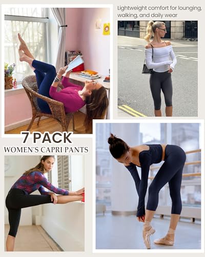 VALANDY Creamlush High Waisted Leggings for Women Full Length & Capri - color: Capris - Black*3/Dark Grey*2/Navy Blue*2, size: Medium-Large