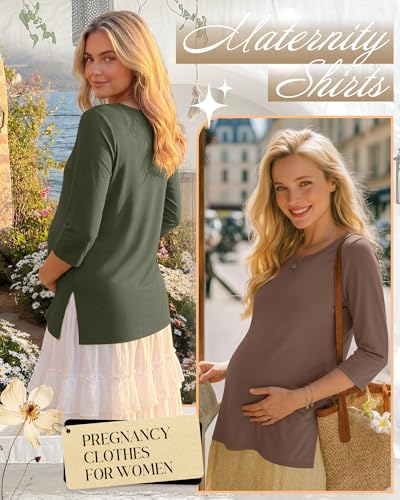 3 Pack Women's 3/4 Sleeve Maternity Loose Crewneck Tops - color: Coffee, Cream, Army Green, size: X-Large