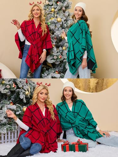 Moss Rose Women Shawl Wrap Poncho Open Front Cardigan Shawl for Fall Winter - color: Green&black, size: One Size