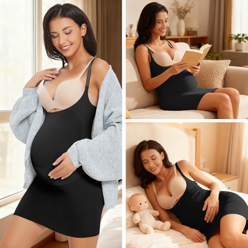 Women's Maternity Bustless Tank Top Belly Support, Pregnancy Adjustable Spaghetti Strap Bodycon Shapewear Slip Dress - color: Black, size: Large