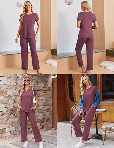 Ekouaer 3 Piece Maternity Nursing Pajamas Set Short Sleeve Breastfeeding Pjs - color: Burgundy, size: Large