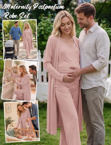 Women 3PCS Maternity Robe Sets Nursing Pajamas Postpartum Breastfeeding Pjs - color: Dirty Pink, size: XX-Large