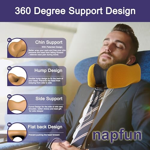 napfun Neck Pillow for Travel, Memory Foam Airplane Pillow, Yellow - color: Yellow