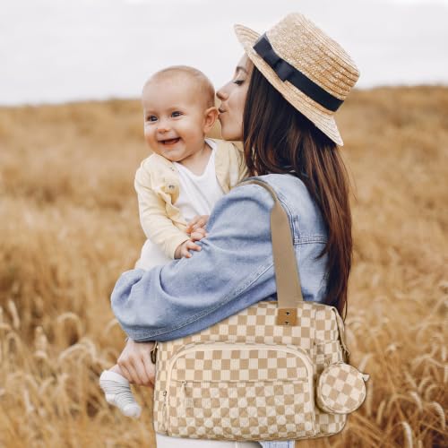 Tenot Diaper Bag Tote, Baby Bag with Pacifier Case, Khaki Checkered - color: Khaki Checkered