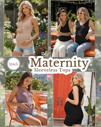 3 Pack Women Maternity Henley Tank Tops - color: Black, Khaki, Gray Purple, size: Medium