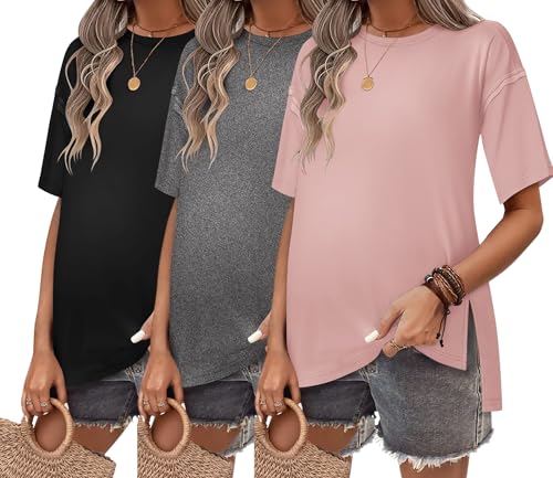 Ekouaer Maternity Shirts 3 Packs Short Sleeve Split Side Pregnancy Tops - color: Black/Dark Gray/Dirty Pink, size: Small