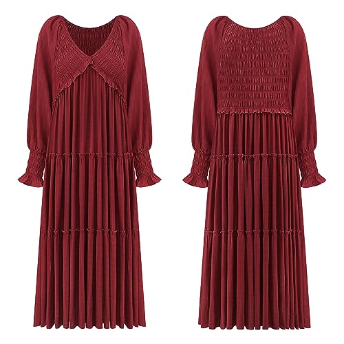 R.Vivimos Long Sleeve V Neck Flowy Maxi Dresses for Women - color: Burgundy, size: Medium