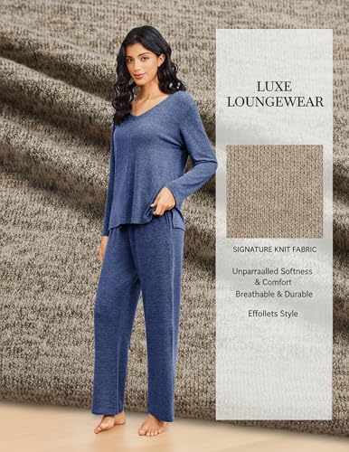 Ekouaer Fall Pajamas for Women Set Long Sleeve V Neck 2 Piece Lounge Sets - color: Dark Navy, size: Small