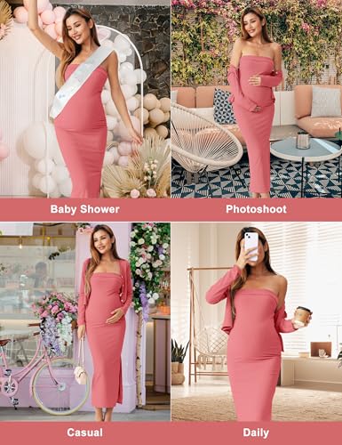 2 Piece Strapless Maternity Dress & Cardigan Set for Baby Shower - color: Dusty Rose, size: Small