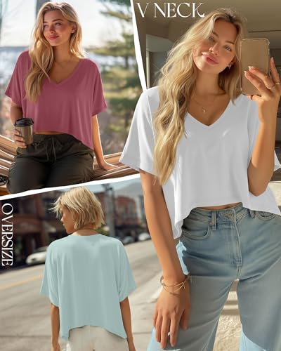 Huukeay 3 Pack Women's Oversized V Neck T Shirts - color: Berry, White, Aqua, size: XX-Large