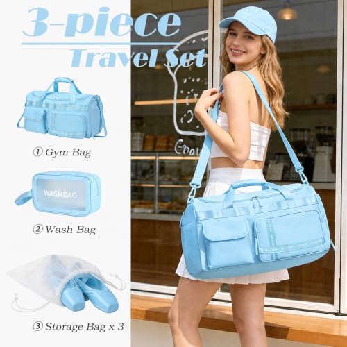 MAXTOP Large Gym Bag for Women Men Duffle Bag With Wet Dry Separation - color: Light Blue Set, style: Gym Bag&toiletry Bag(45l)