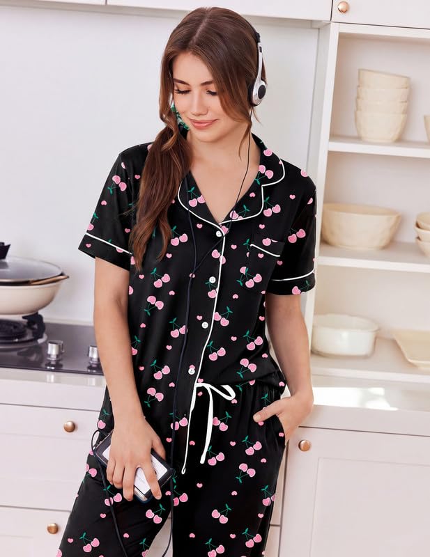 Ekouaer Women Pajama Set Short Sleeve Button Down Pjs with Jogger Pants - color: Black Cherry, size: X-Large