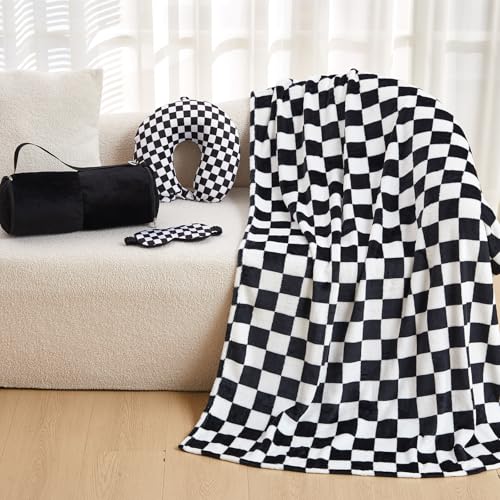HunnmingRe 5 Pcs Travel Pillow Blanket Set, Airplane,Checkered,Black - color: Black, style: Checkered