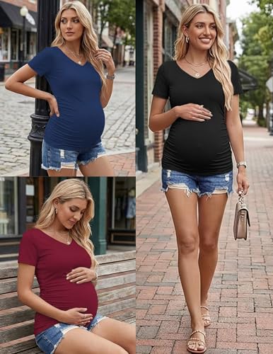 Ekouaer Maternity Shirts 4 Pack V Neck Pregnancy Clothes Summer Tops Tshirt - color: Black/Blue/Dark Red/White, size: Large