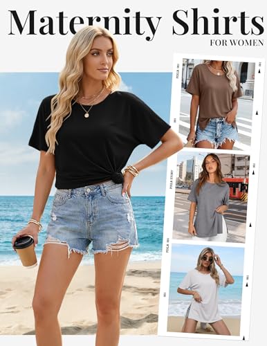 Ekouaer 4 Pack Maternity Shirts Short Sleeve Pregnancy Casual Tunic Tops - color: Black/Brown/Gray/White, size: Medium
