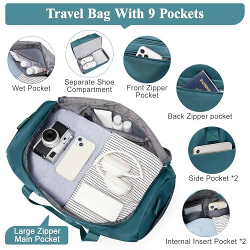 Travel Duffel Bag,Carry-On Overnight Weekender Bags with Shoes Compartment - color: Peacock Blue, size: Small