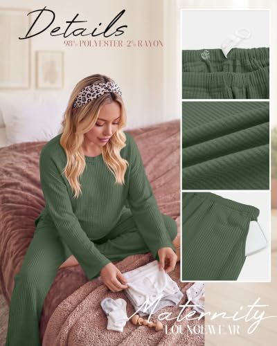 Huukeay Women's Maternity 2 Piece Waffle Outfits Lounge Set - color: Gray Green, size: X-Large