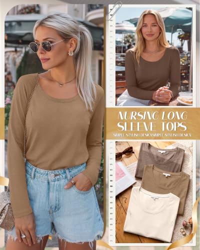Huukeay 3 Pack Womens Nursing Tops Breastfeeding Shirts Zipper - color: Cream, Camel, Brown, size: X-Large