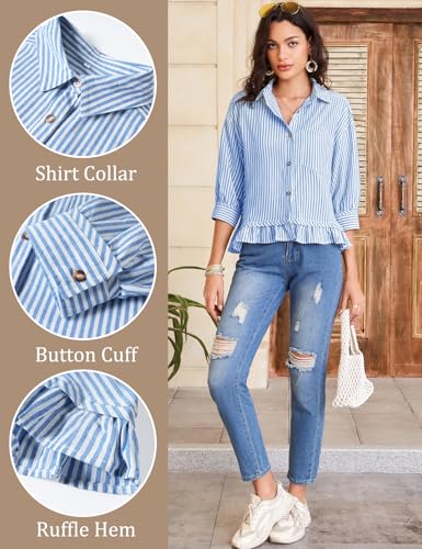 Flygo Womens Striped Button Down Shirts Cropped 3/4 Sleeve Ruffled Blouses - color: Blue, size: X-Large