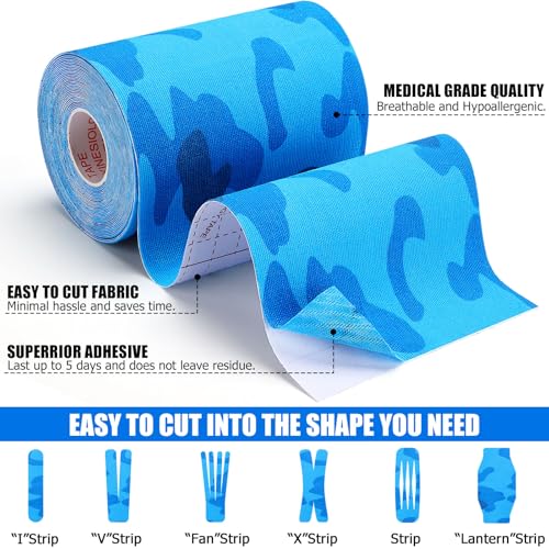 Wide Kinesiology Tape, 3 Pack, 4in x 5.5yd, Waterproof Blue Camo - color: Blue Camo - 4in