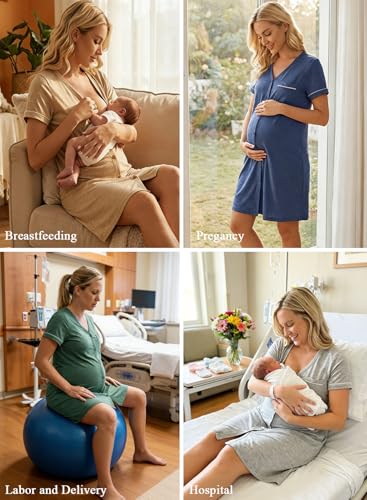 BLENCOT Women’s Labor and Delivery Night Gown for Maternity Short Sleeve V Neck Open Front Shirt Dress with Buttons - color: Blue, size: Large