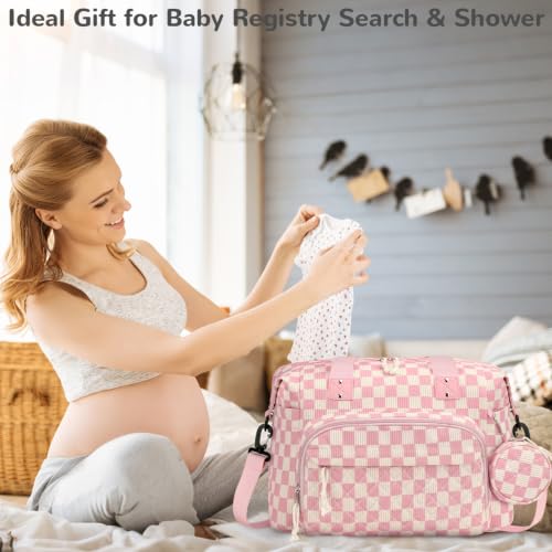 Tenot Diaper Bag Tote, Baby Bag with Pacifier Case, Pink Checkered - color: Pink Checkered