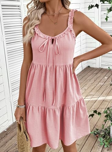 BLENCOT Maternity Dress Sleeveless Tie-Front Ruffle Strap Smocked Tiered Midi Dress with Pockets - color: Pink, size: Large