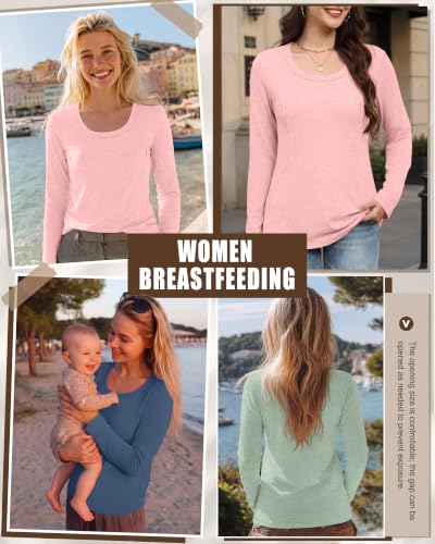 3 Pack Women's Long Sleeve Nursing Tops - color: Haze Blue, Pink, Light Green, size: Small