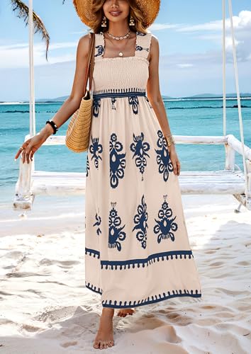 PRETTYGARDEN Women's Sleveless Boho Maxi Dress - color: Floral Apricot Navy, size: X-Large
