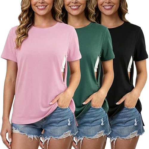 Liu & Qu 3 Pack Women's Breastfeeding Shirts Hidden Zipper Nursing Tops - color: Pink+green+black, size: Medium