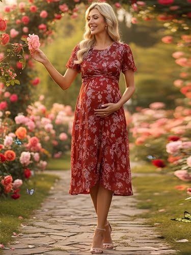 Maternity Wedding Guest Dress Floral Mesh Dress - color: Red & White Flower, size: Small