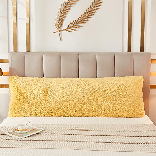 JAUXIO Faux Fur Fluffy Body Pillow Cover Luxury Shaggy Plush Decorative Solid Body Pillowcase, Ultra Soft and Cozy Zipper Closure 21 x 54 Inches, Yellow - color: Yellow
