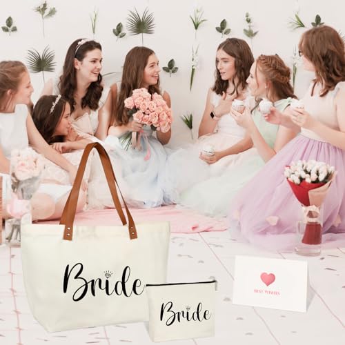 Bride Gifts Canvas Tote Bag with Makeup Bag,Bride to Be,Bridal Shower Gift - color: White-bride
