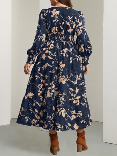 RWJ Women's Plus Size Fall Wedding Guest Dress Long Sleeve Maxi with Pocket - color: Navy Blue Floral, size: 3X-Large Plus